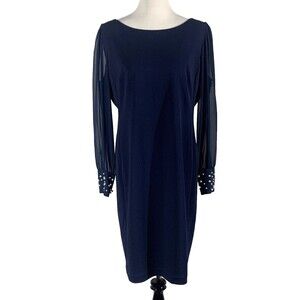 KARL LAGERFELD PARIS Scuba Crêpe Sheath Dress Sz 14 Navy Pearl Cuff Sheer Sleeve